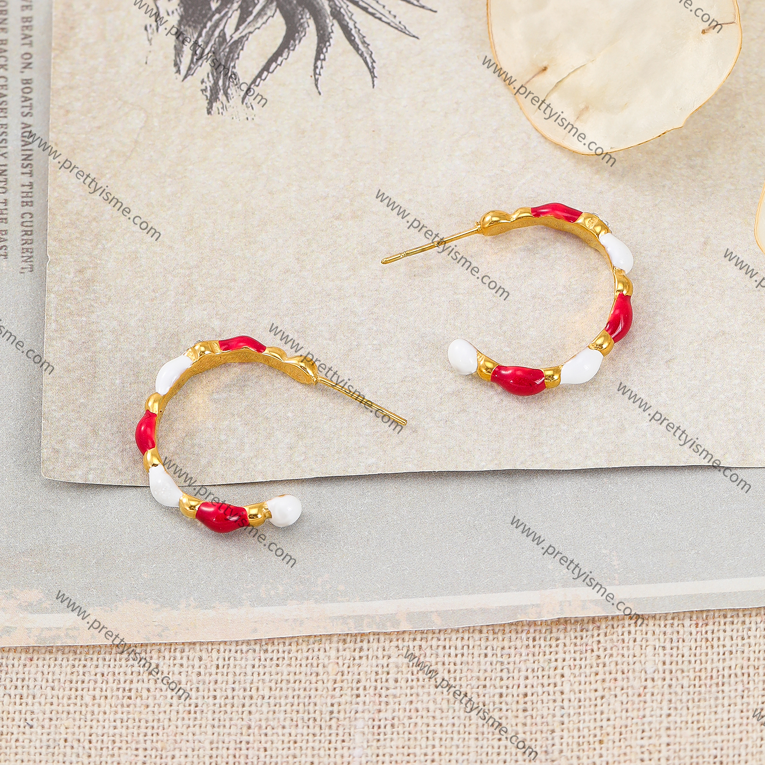 Red and White Stainless Steel Earrings Gold Plated 18K Earrings with White Zircons (4).webp