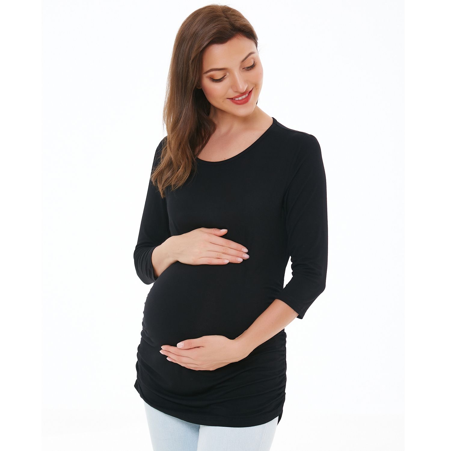 Smallshow Womens Maternity Tunic Tops Clothes 3/4 Sleeve Ruched Pregnancy Shirt 