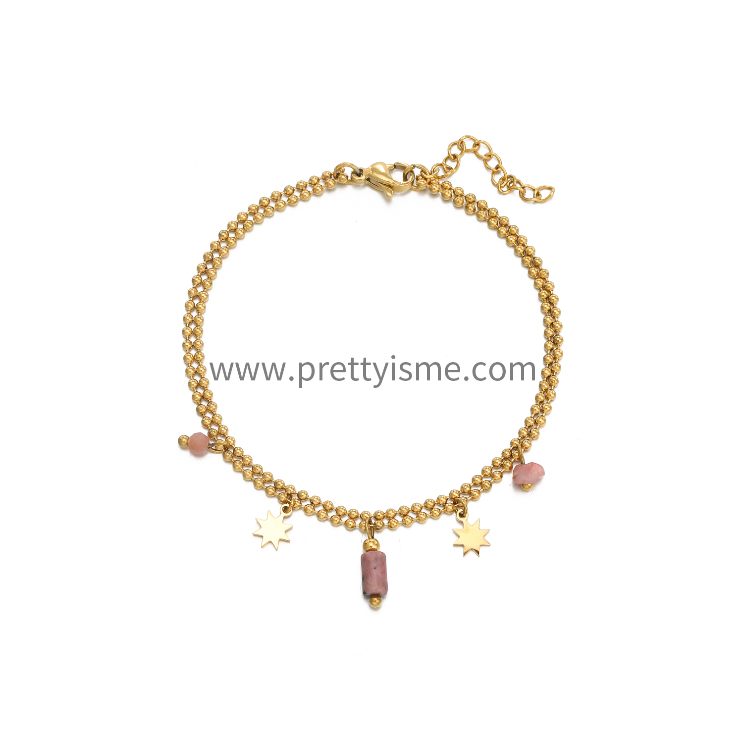 Double Bracelet with Stainless Steel Small Gold Beads and Pink Stones (5).webp