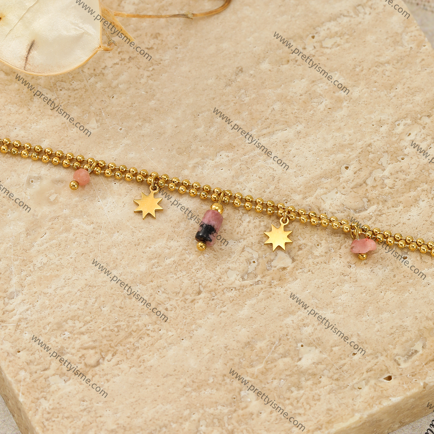 Double Bracelet with Stainless Steel Small Gold Beads and Pink Stones.webp