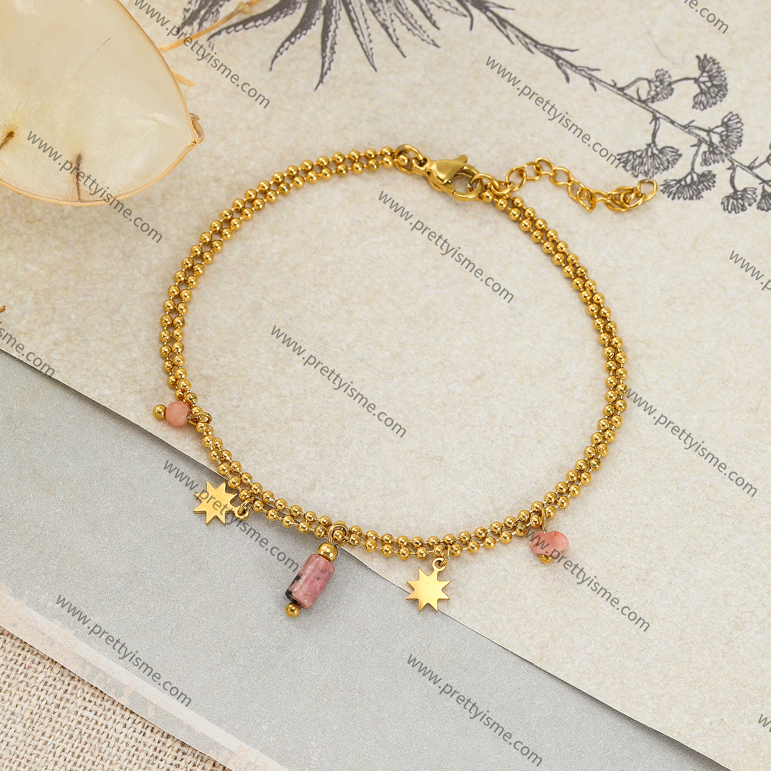 Double Bracelet with Stainless Steel Small Gold Beads and Pink Stones (3).webp