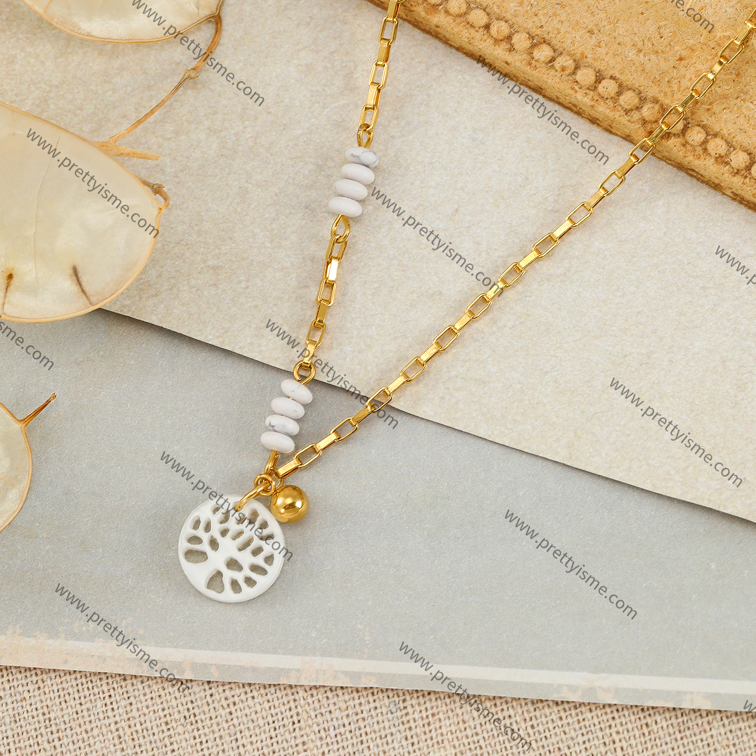Tree of Life Pendant Necklace Stainless Steel Gold Plated 18k with White Beads (4).webp