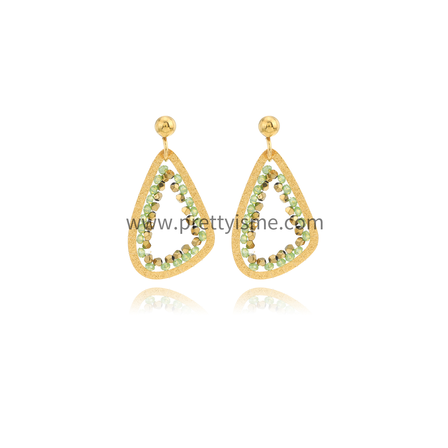 Oval Stainless Steel Earrings Gold Plated 18K with Green Beads (5).webp