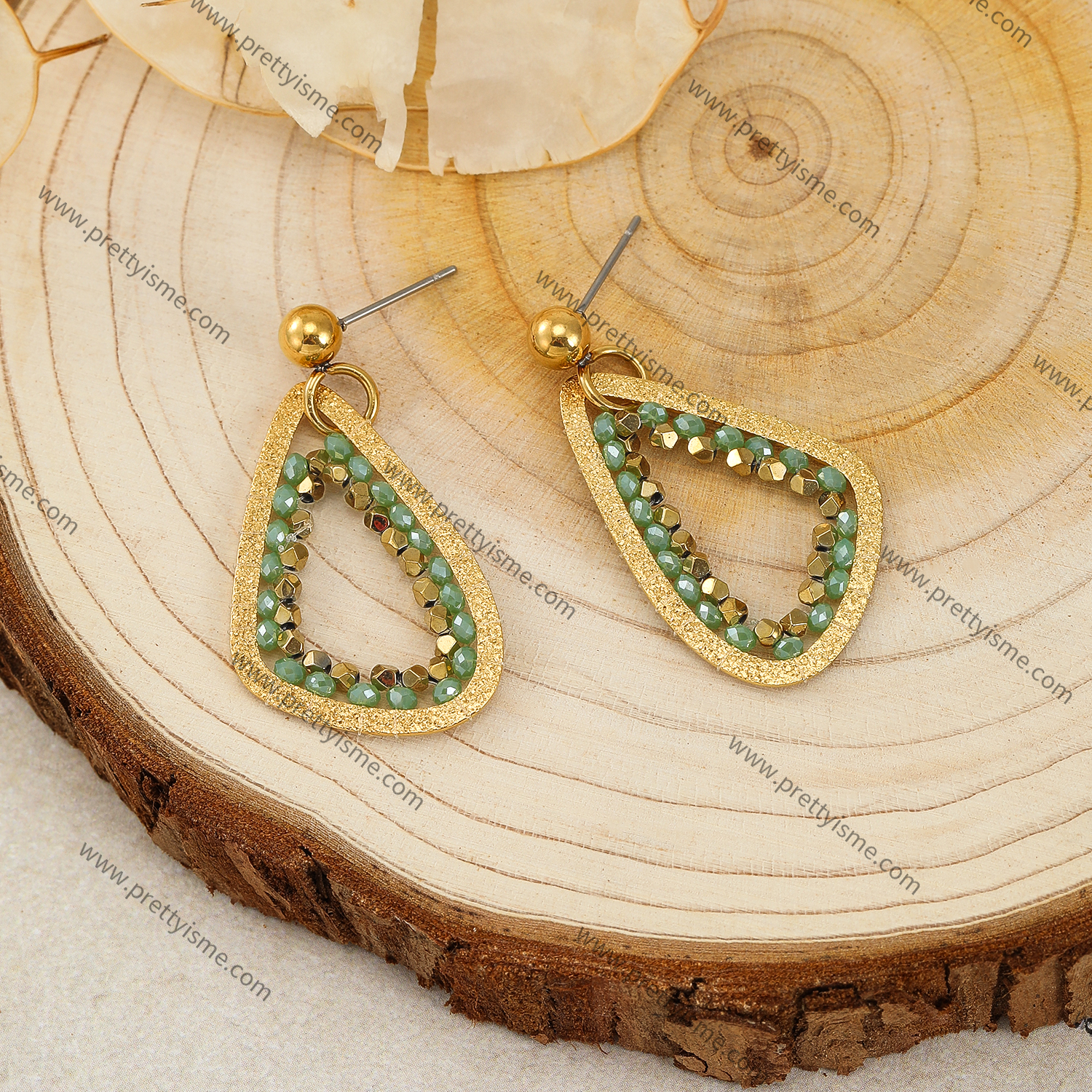 Oval Stainless Steel Earrings Gold Plated 18K with Green Beads.webp