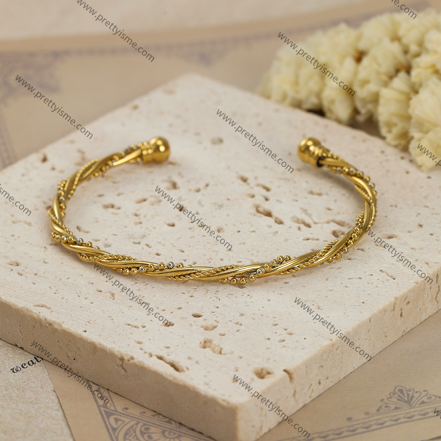 Pretty Is Me Collection Three Layer Bead 18K IP Gold Vacuum Plating 316L Stainless Steel Twist Chain Open Twisted Bangle Women (4).webp