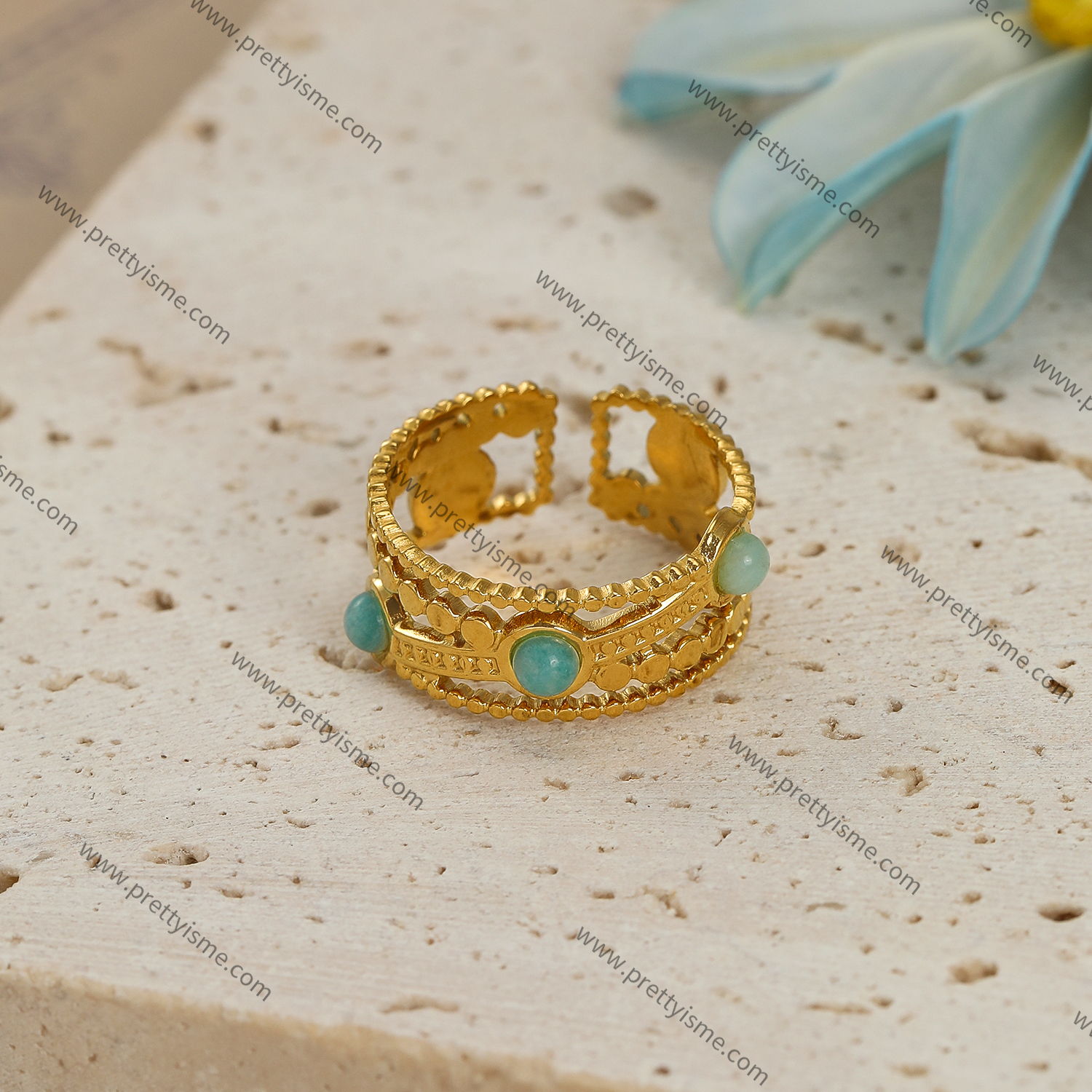 Pretty Is Me Collection Hollow Out 18K IP Gold Vacuum Plating Micro Insert Amazonite Stone Ring 316L Stainless Steel Open Rings (4).webp