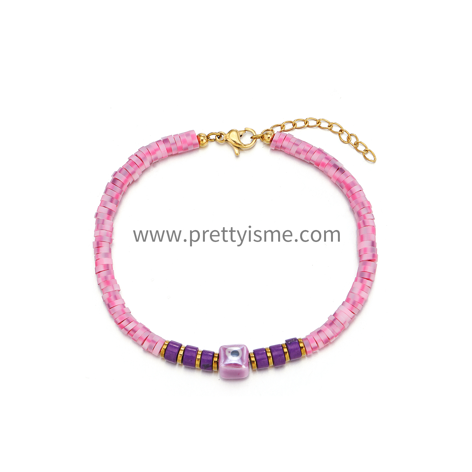 Pretty Is Me Collection 18K Gold Plated 316L Stainless Steel Purple Stone Pink Polymer Clay Ceramics Eye Charm Bracelet Women (7).webp