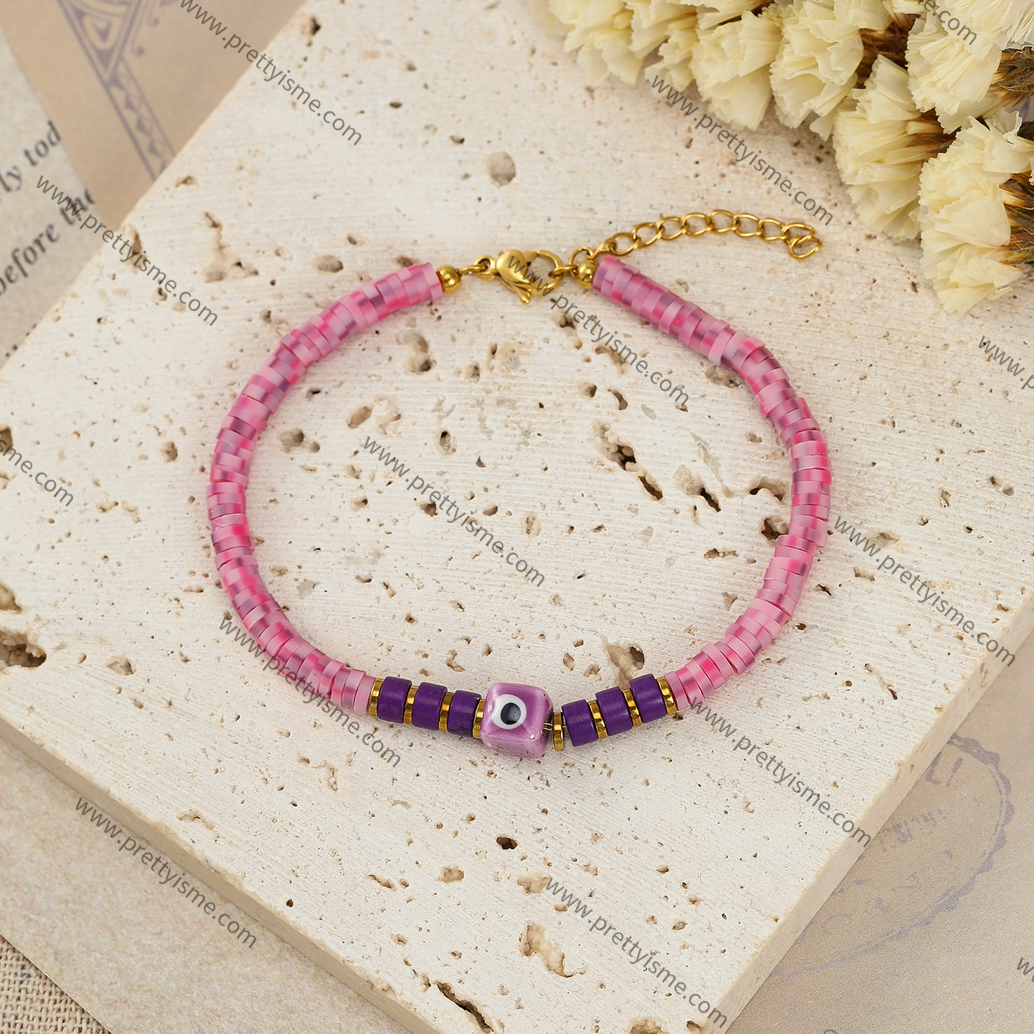 Pretty Is Me Collection 18K Gold Plated 316L Stainless Steel Purple Stone Pink Polymer Clay Ceramics Eye Charm Bracelet Women (3).webp