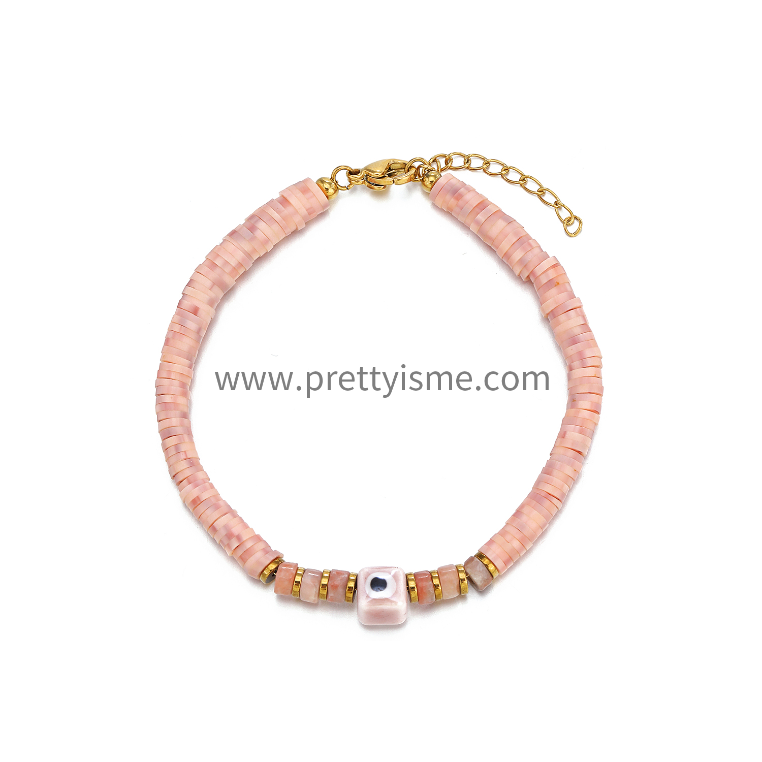 Pretty Is Me Collection 18K Gold Plated 316L Stainless Steel Stone Beads Pink Polymer Clay Ceramics Eye Charm Bracelet Women (8).webp