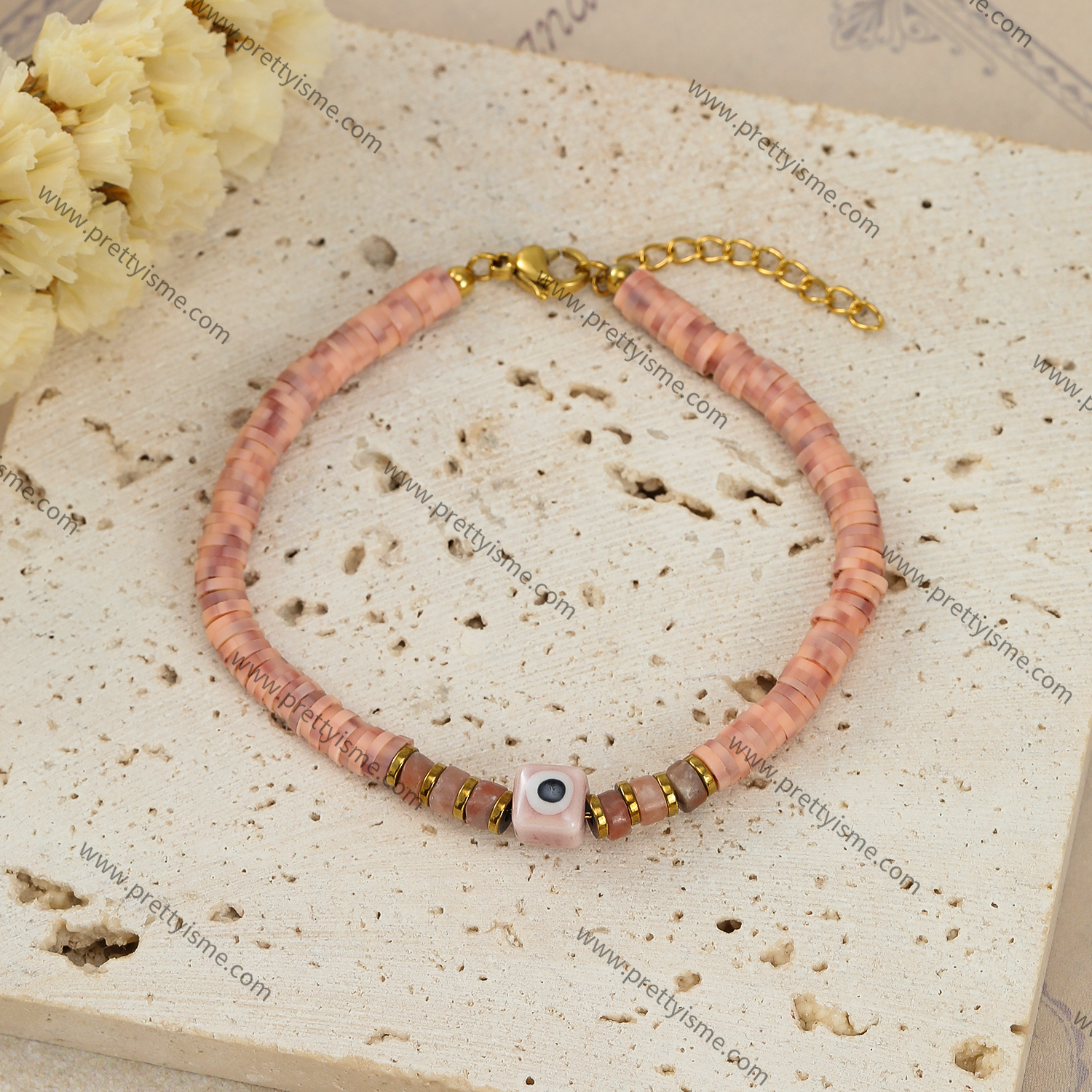 Pretty Is Me Collection 18K Gold Plated 316L Stainless Steel Stone Beads Pink Polymer Clay Ceramics Eye Charm Bracelet Women (4).webp