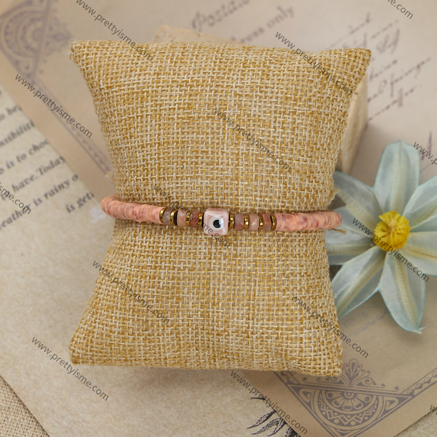 Pretty Is Me Collection 18K Gold Plated 316L Stainless Steel Stone Beads Pink Polymer Clay Ceramics Eye Charm Bracelet Women (3).webp