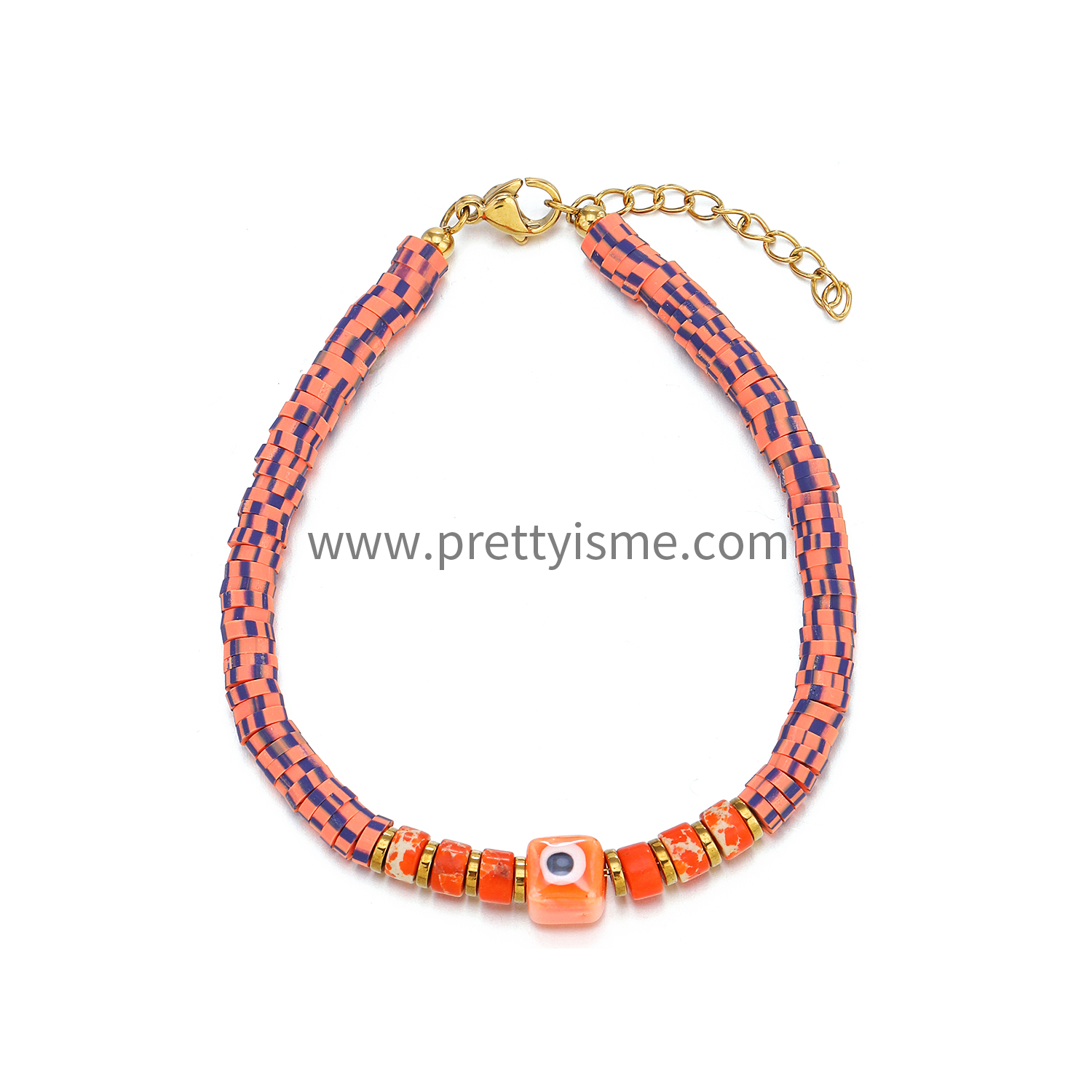 Pretty Is Me Collection 18K Gold Plated 316L Stainless Steel Beads Stone Ceramics Eye Charm Orange Polymer Clay Bracelet Women (6).webp
