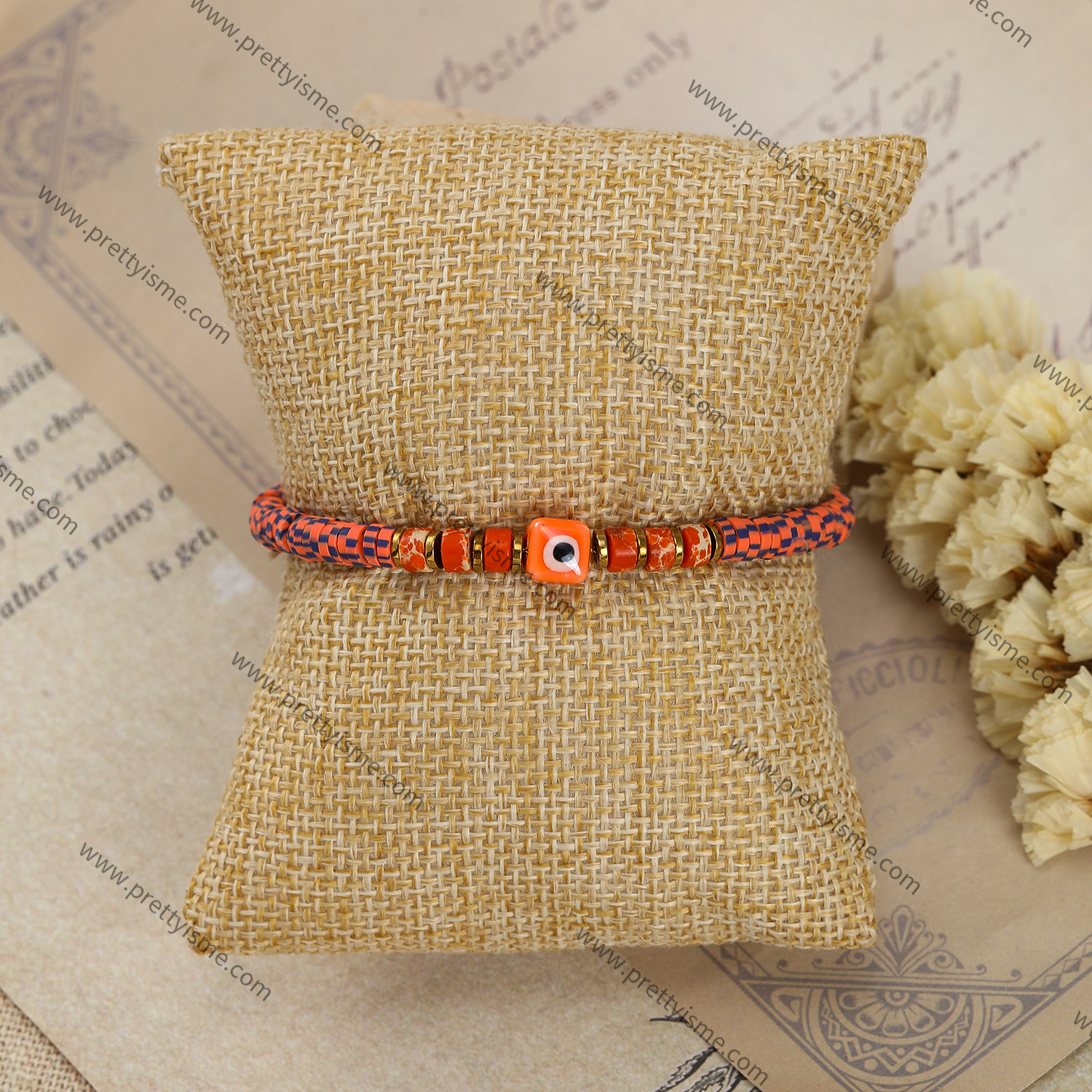 Pretty Is Me Collection 18K Gold Plated 316L Stainless Steel Beads Stone Ceramics Eye Charm Orange Polymer Clay Bracelet Women (2).webp