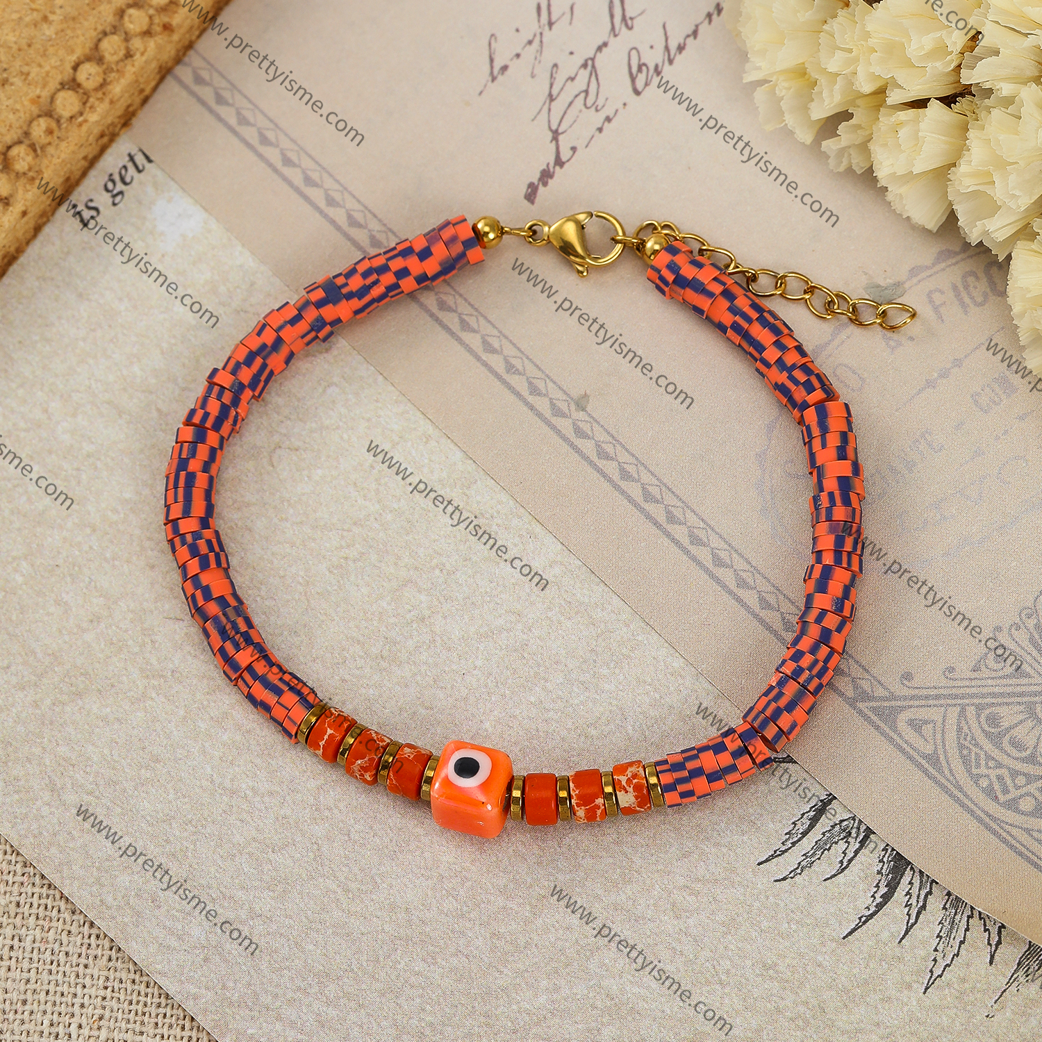 Pretty Is Me Collection 18K Gold Plated 316L Stainless Steel Beads Stone Ceramics Eye Charm Orange Polymer Clay Bracelet Women (3).webp