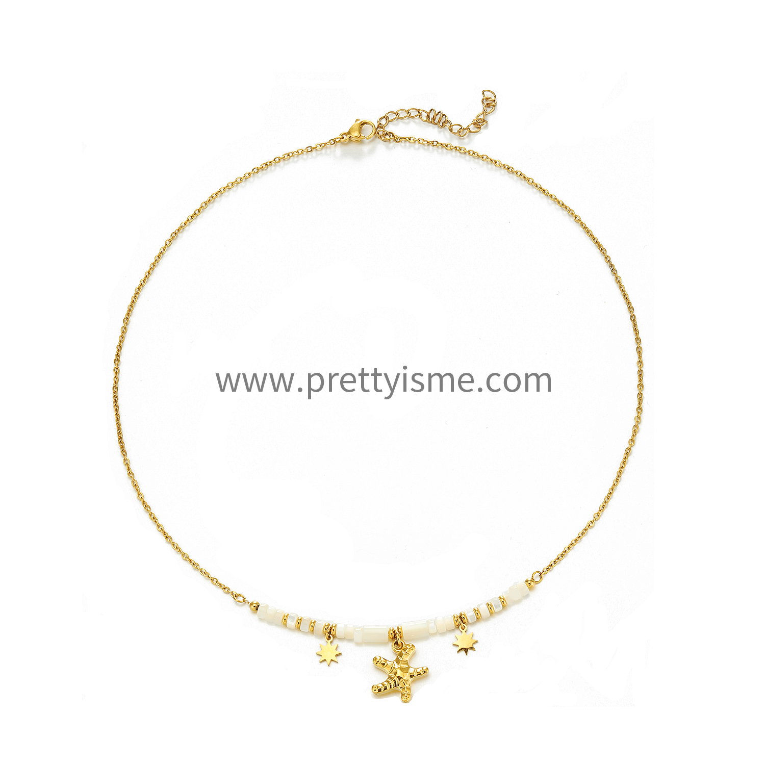 Pretty Is Me Collection 18K Gold Plated 316L Stainless Steel White Shell Tube Beads Star Starfish Pendant Choker Necklace Women (1).webp