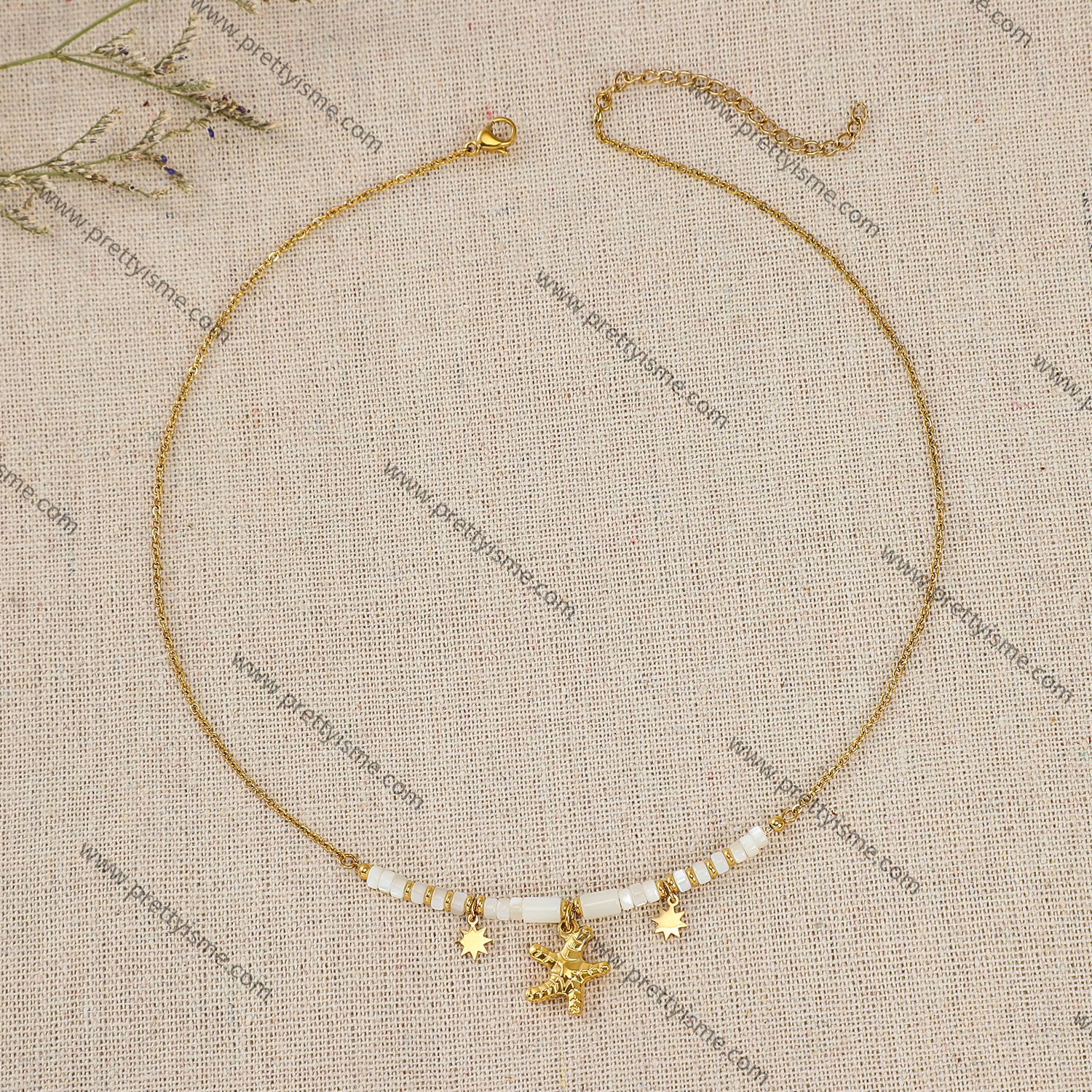 Pretty Is Me Collection 18K Gold Plated 316L Stainless Steel White Shell Tube Beads Star Starfish Pendant Choker Necklace Women (7).webp