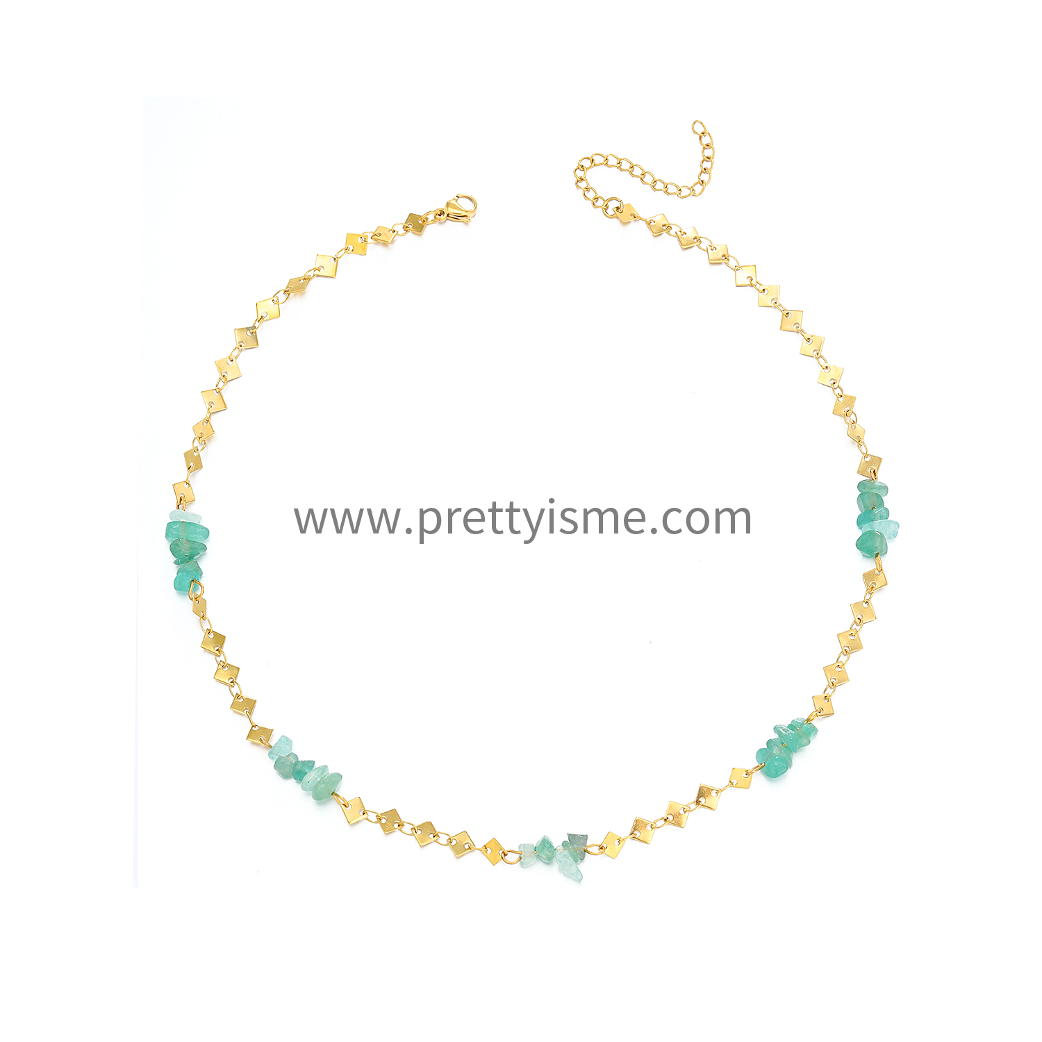 Pretty Is Me Collection Hot 18K Gold Plated 316L Stainless Steel Geometric Link Chain Green Stone Beads Choker Necklace Women (6).webp