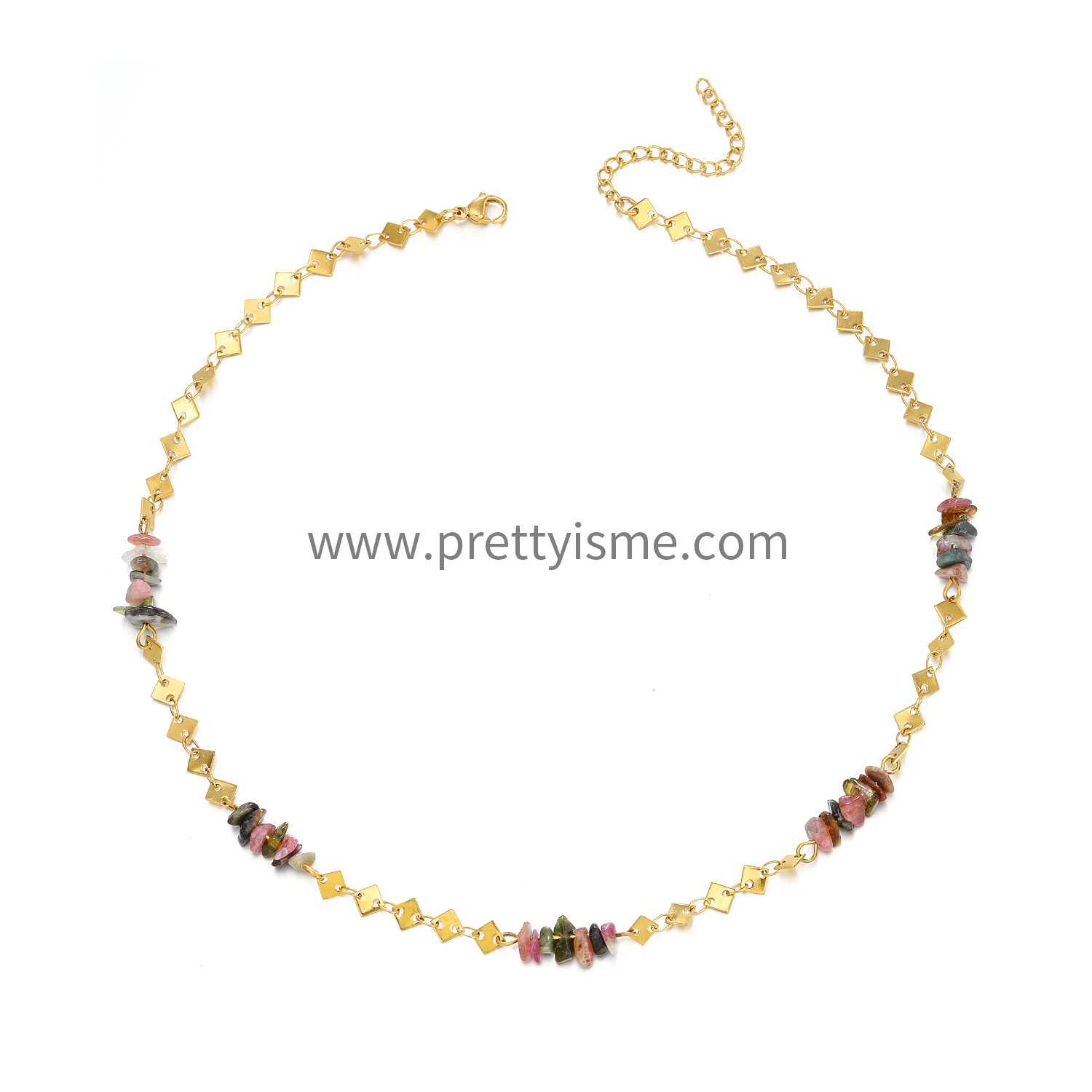 Pretty Is Me Collection 18K Gold Plated 316L Stainless Steel Geometric Link Chain Colorful Stone Beads Choker Necklace Women (6).webp