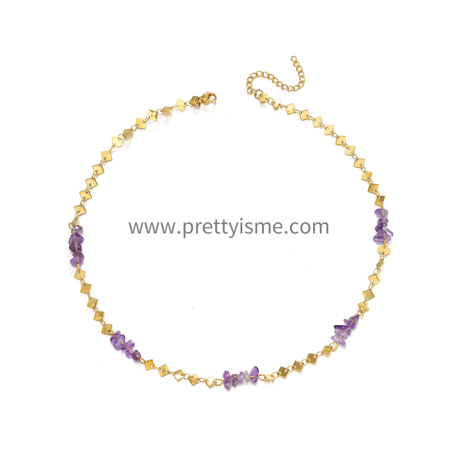 Pretty Is Me Collection Designer  18K Gold Plated Stainless Geometric Square Link Chain Purple Stone Beads Choker Necklace Women (6).webp