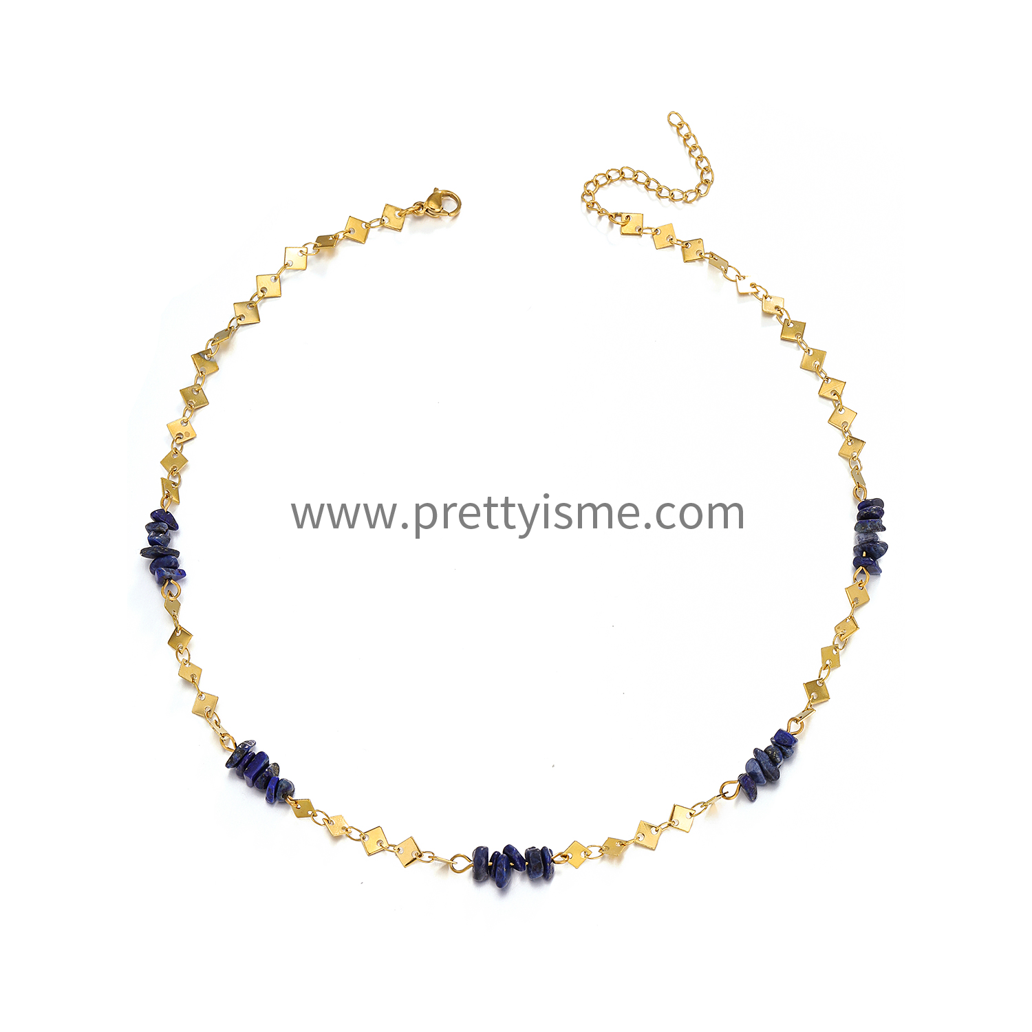 Pretty Is Me Collection Designer 18K Gold Stainless Geometric Square Link Chain Blue Black Stone Beads Choker Necklace Girls (6).webp