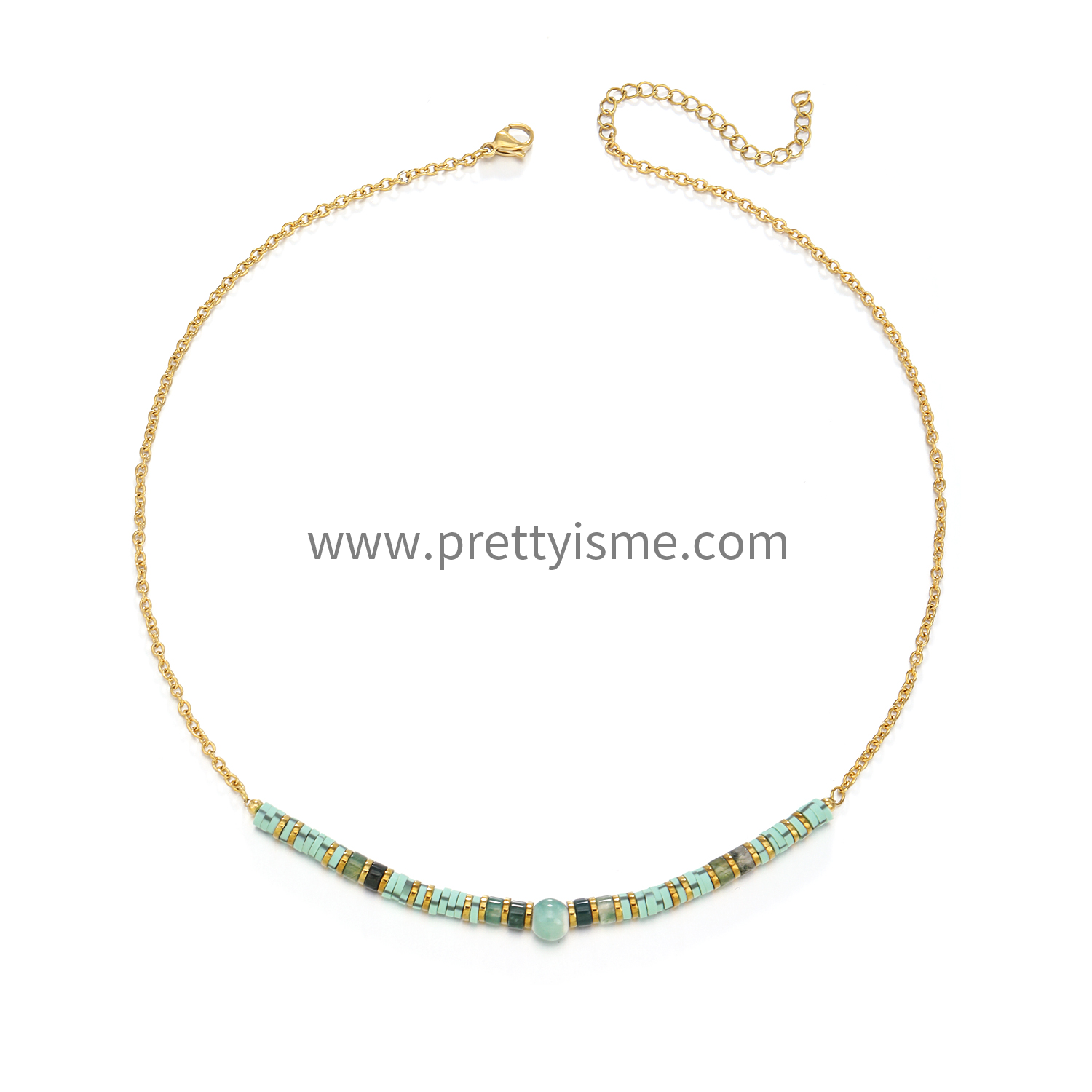 Pretty Is Me Collection Tarnish Free 18K Gold Plated Stainless Steel Glass Beads Beaded Blue Polymer Clay Choker Necklace Women (6).webp