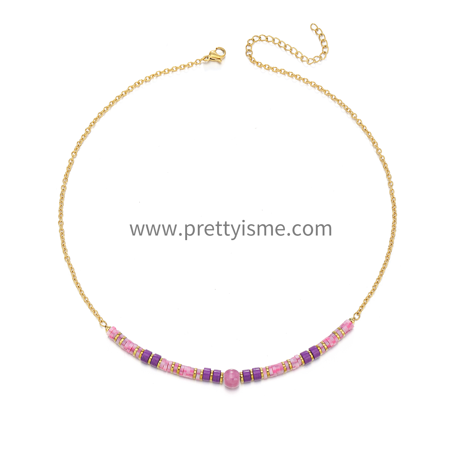 Pretty Is Me Collection Wholesale 18K Gold Plated Stainless Steel Beads Beaded Pink Purple Polymer Clay Choker Necklace Women (6).webp