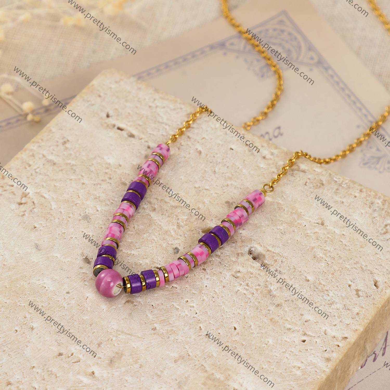 Pretty Is Me Collection Wholesale 18K Gold Plated Stainless Steel Beads Beaded Pink Purple Polymer Clay Choker Necklace Women (2).webp