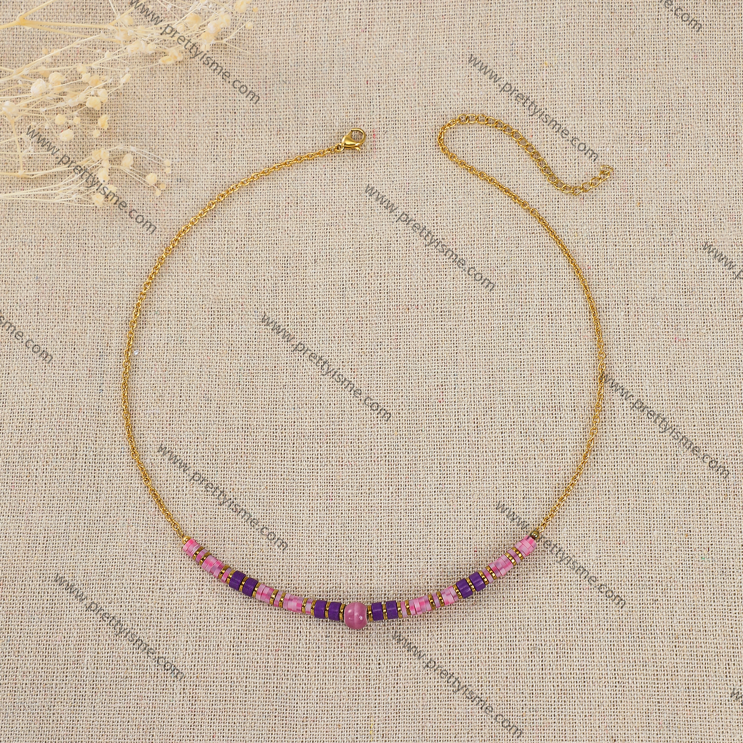 Pretty Is Me Collection Wholesale 18K Gold Plated Stainless Steel Beads Beaded Pink Purple Polymer Clay Choker Necklace Women (4).webp