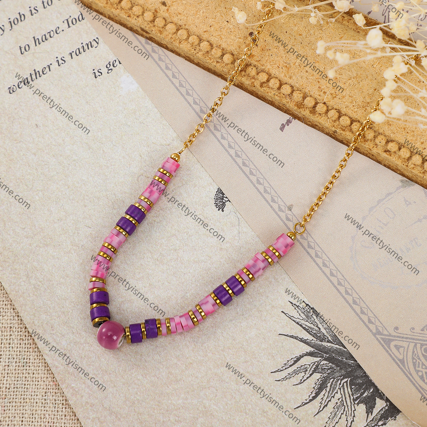 Pretty Is Me Collection Wholesale 18K Gold Plated Stainless Steel Beads Beaded Pink Purple Polymer Clay Choker Necklace Women (3).webp