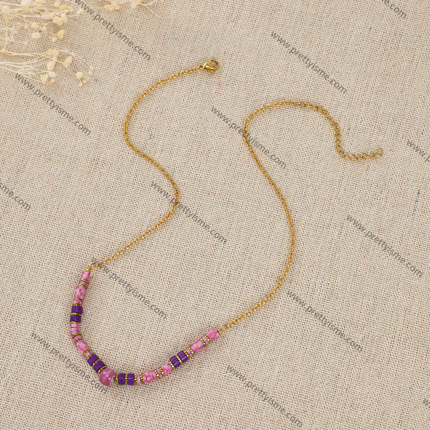 Pretty Is Me Collection Wholesale 18K Gold Plated Stainless Steel Beads Beaded Pink Purple Polymer Clay Choker Necklace Women (5).webp