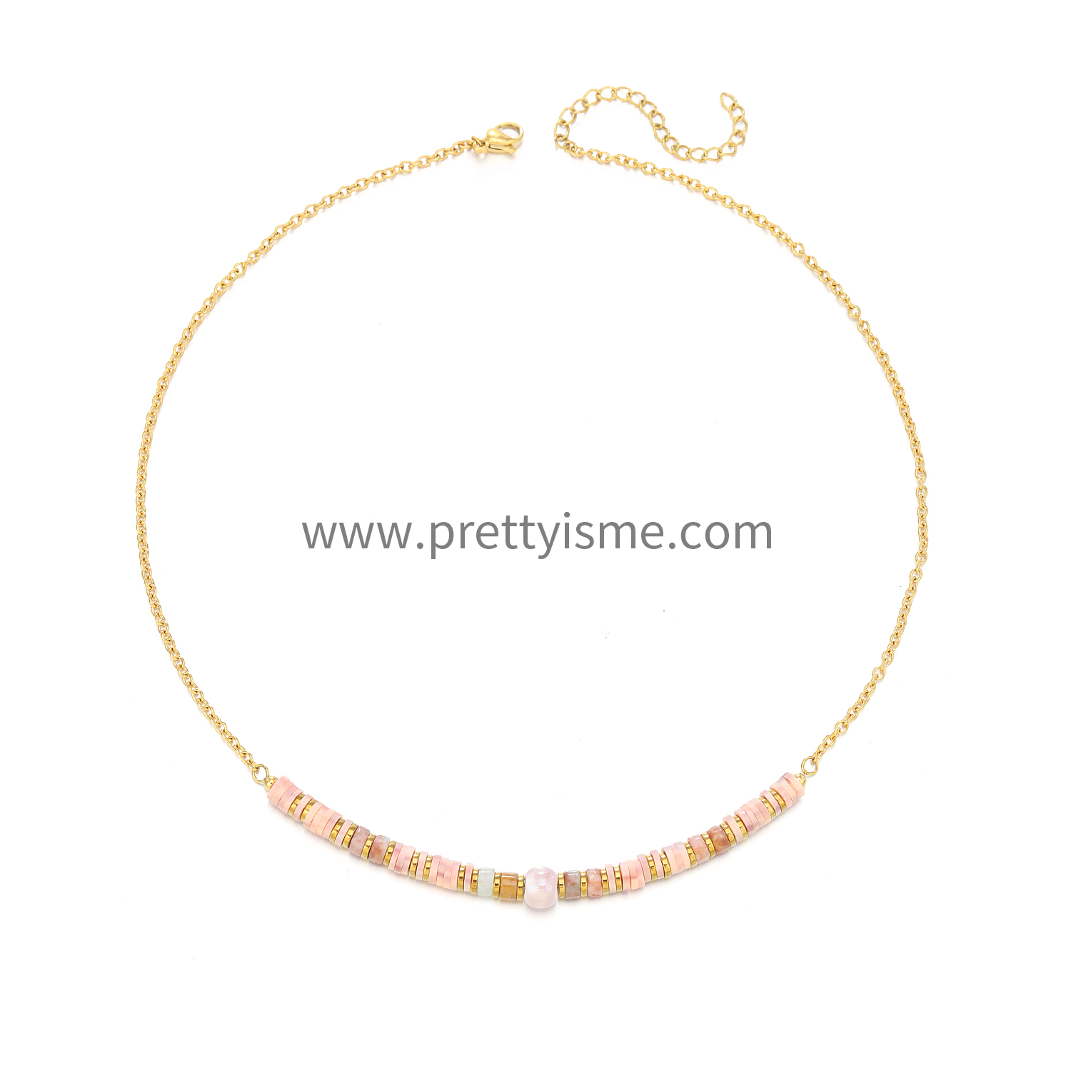 Pretty Is Me Collection Trendy 18K Gold Plated Stainless Steel Pink Polymer Clay Gold Beads Beaded Choker Necklace Women (6).webp