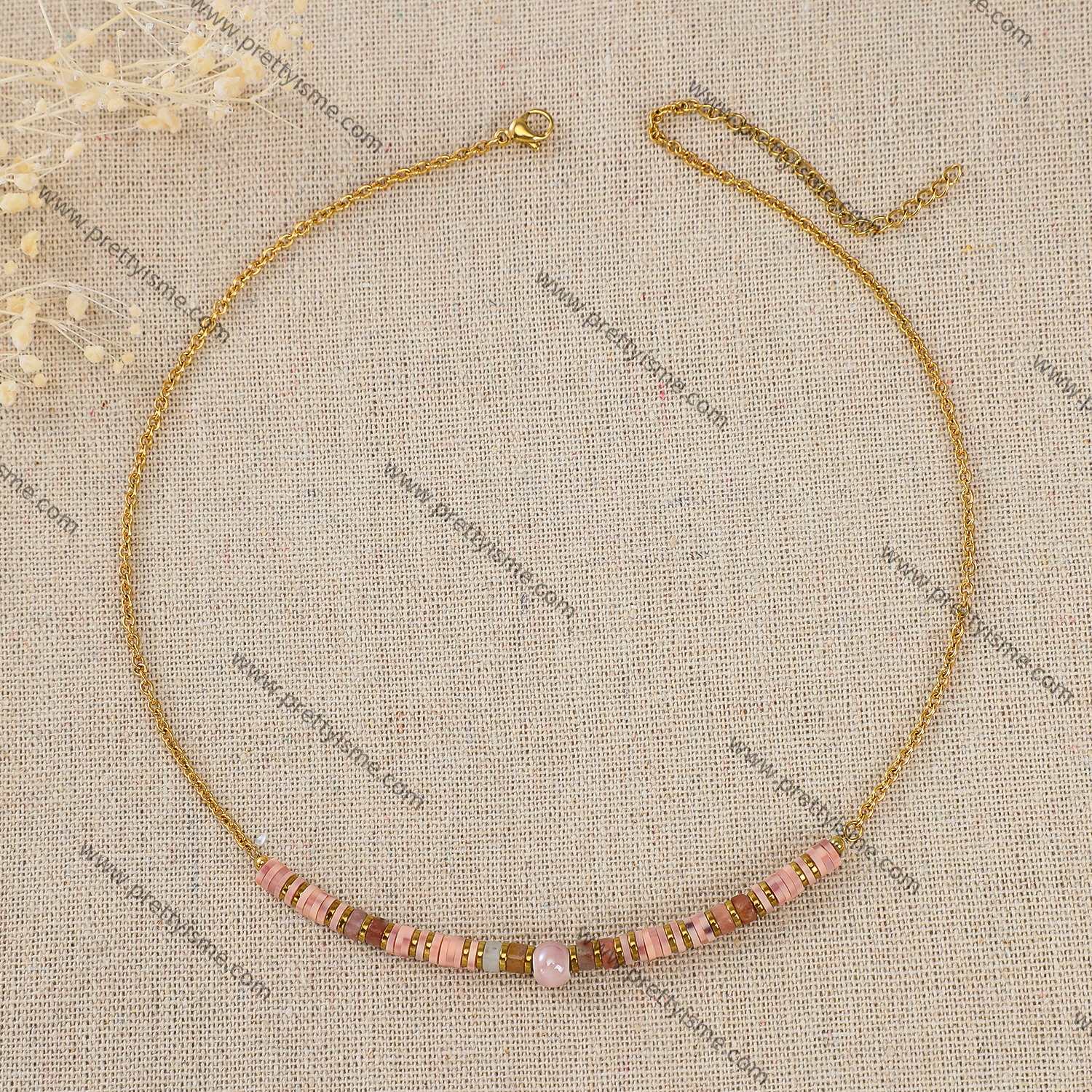 Pretty Is Me Collection Trendy 18K Gold Plated Stainless Steel Pink Polymer Clay Gold Beads Beaded Choker Necklace Women (5).webp