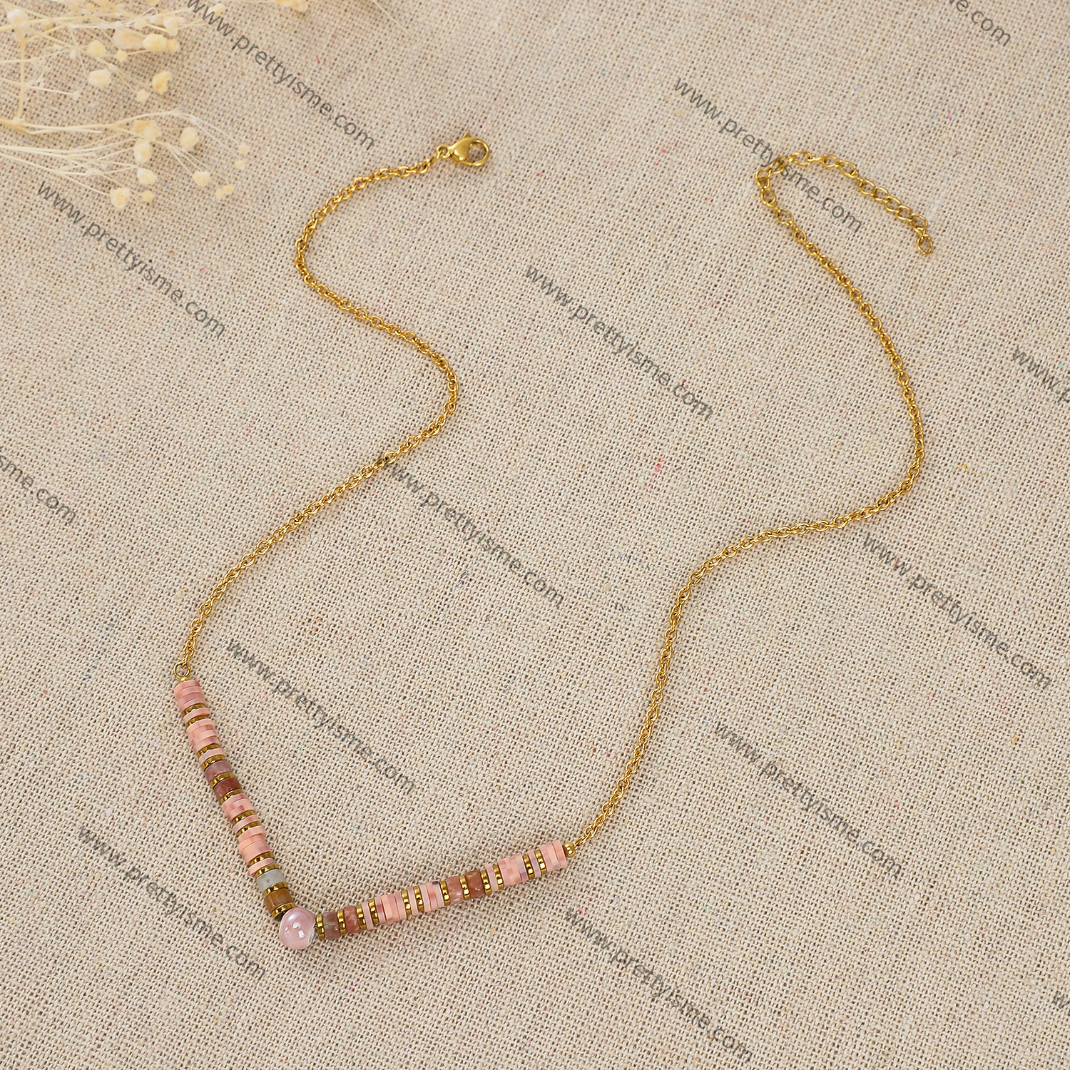 Pretty Is Me Collection Trendy 18K Gold Plated Stainless Steel Pink Polymer Clay Gold Beads Beaded Choker Necklace Women (4).webp