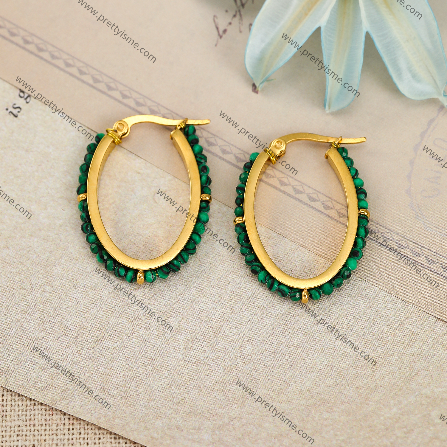 Pretty Is Me Collection New Design 18K Gold Plated 316L Stainless Steel Green Malachite Beads Clip On Hoop Earrings Women (4).webp