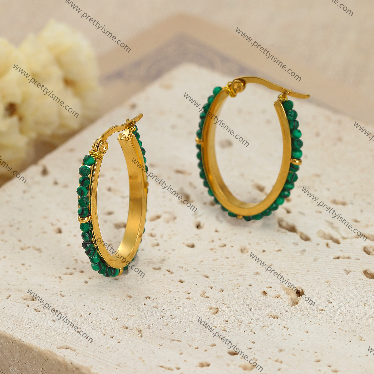 Pretty Is Me Collection New Design 18K Gold Plated 316L Stainless Steel Green Malachite Beads Clip On Hoop Earrings Women (2).webp