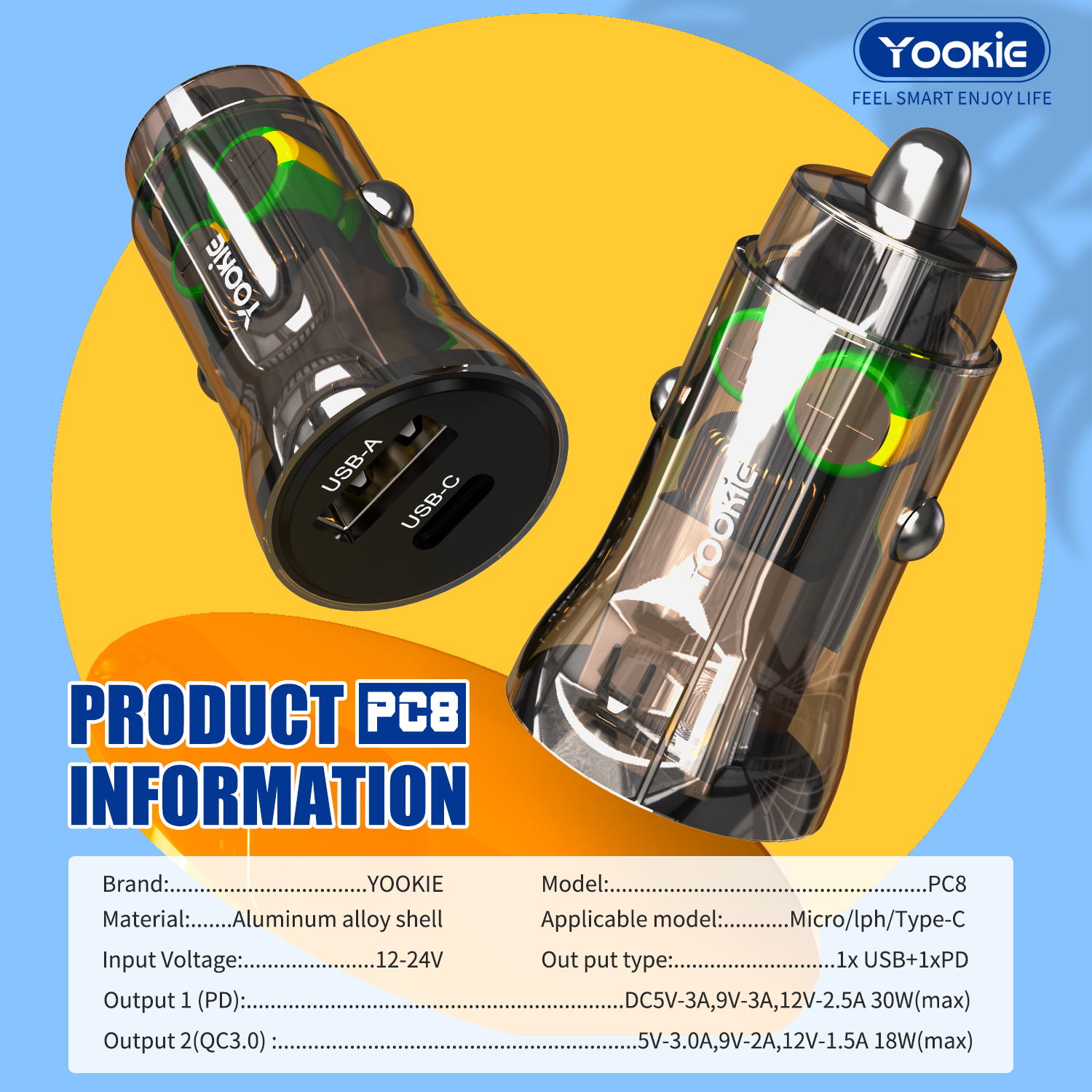 YOOKIE PC8 18w Transparent Dual Port PD USB Car Charger Fast Charging Car  Charger for mobile phone