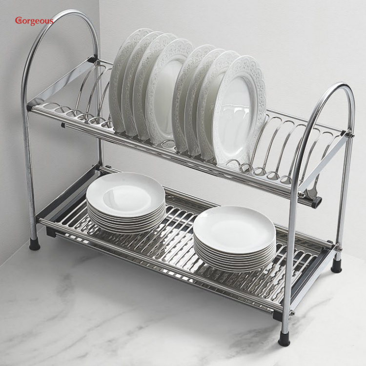 2-tier roll up stainless steel wire over the sink expandable kitchen standing holders storage organizer dish plate drying rack