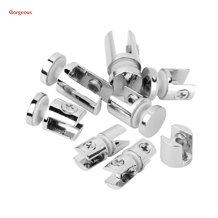 Gorgeous classical cylindrical zinc alloy glass clips metal cabinet connector wall glass to glass cabinet shelf support clamp