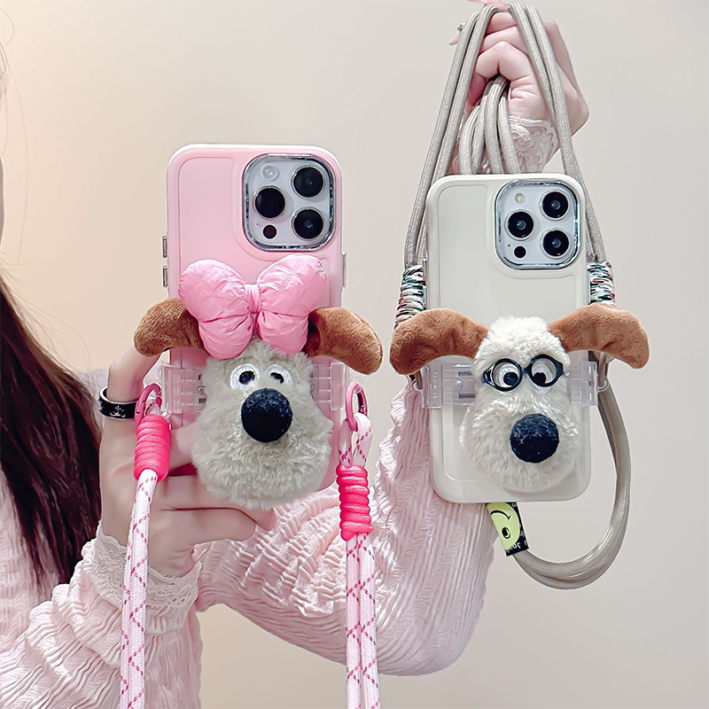 The new phone back clip can be adjusted crossbody rope strap cartoon doll plush bow dog hanging neck mobile phone decoration