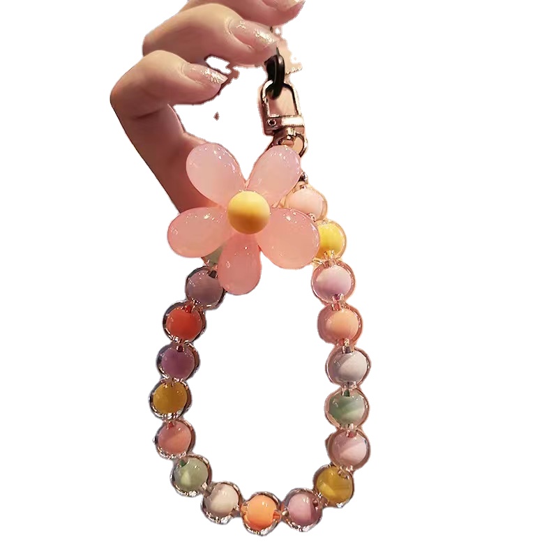 Macaron color beads petals mobile phone lanyard Korean ins style handmade beaded flowers mobile phone charm wrist strap