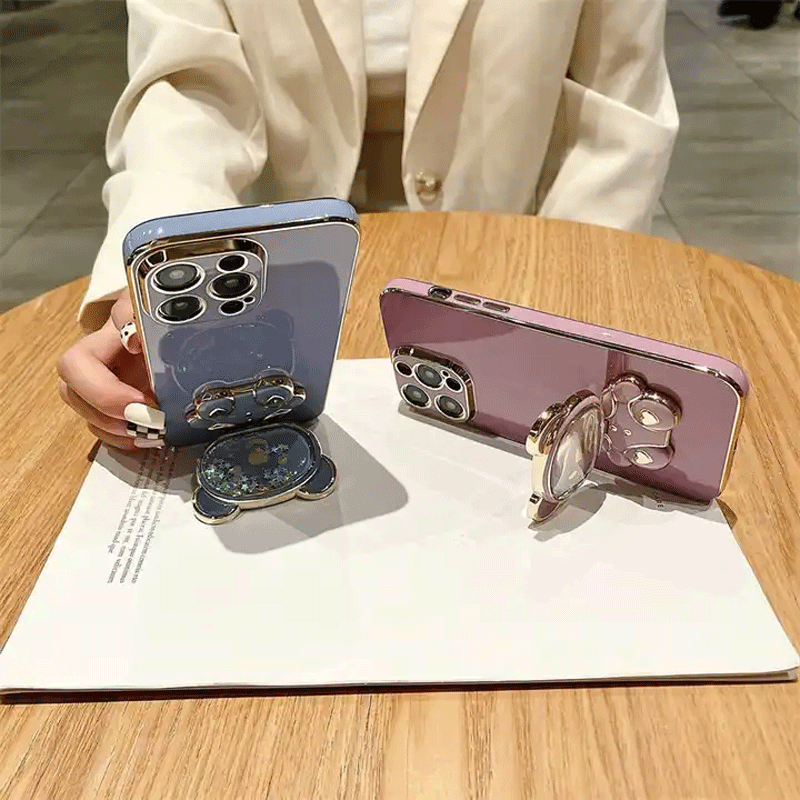 New Design Fashion Cartoon Cute Quicksand Bear Stand Phone Case Mirror Holder Acrylic Folding Bracket