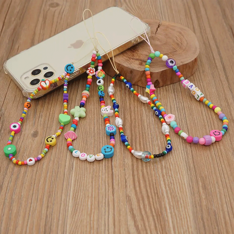 Mobile Phone Wrist Beaded Lanyard Smiley Fruit Beads Chain Mobile Chain Straps For Cell Phone Holder