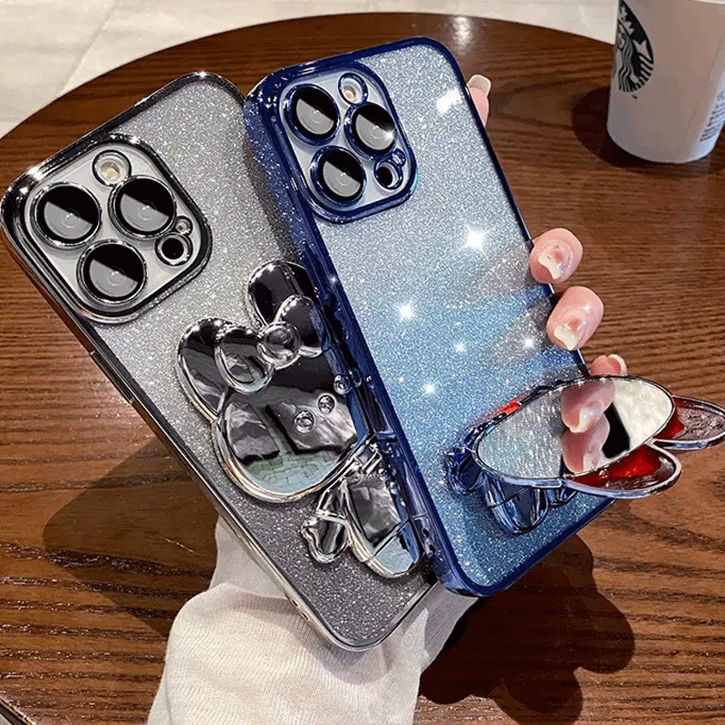 High Quality Gradual Glitter Tint Cartoon Touch Up Mirror Holder Electroplating Phone Case For Iphone Case