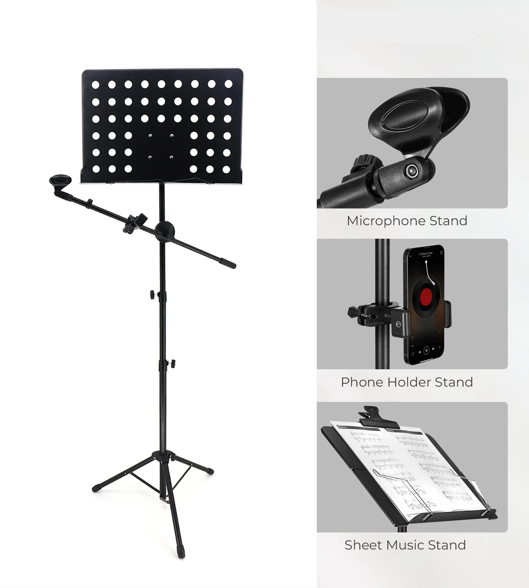 sheet music stand with mic holder, sheet music stand with phone holder, folding music stand