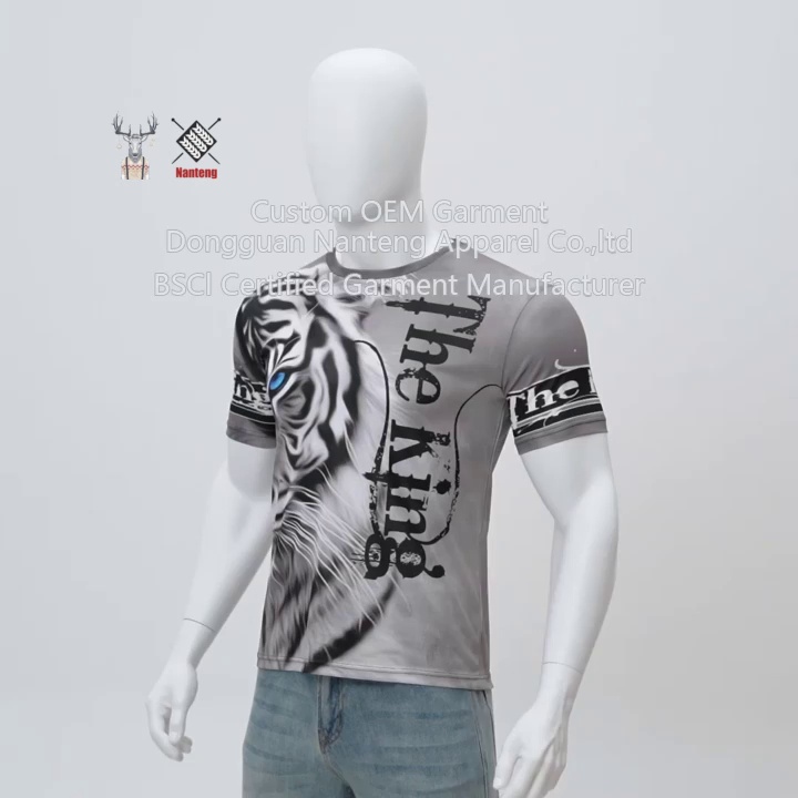 Custom T-Shirt, 100%Polyester Sublimation Street Style T-Shirt, Tiger Pattern T-Shirt, Crew Neck Pullover T-Shirt