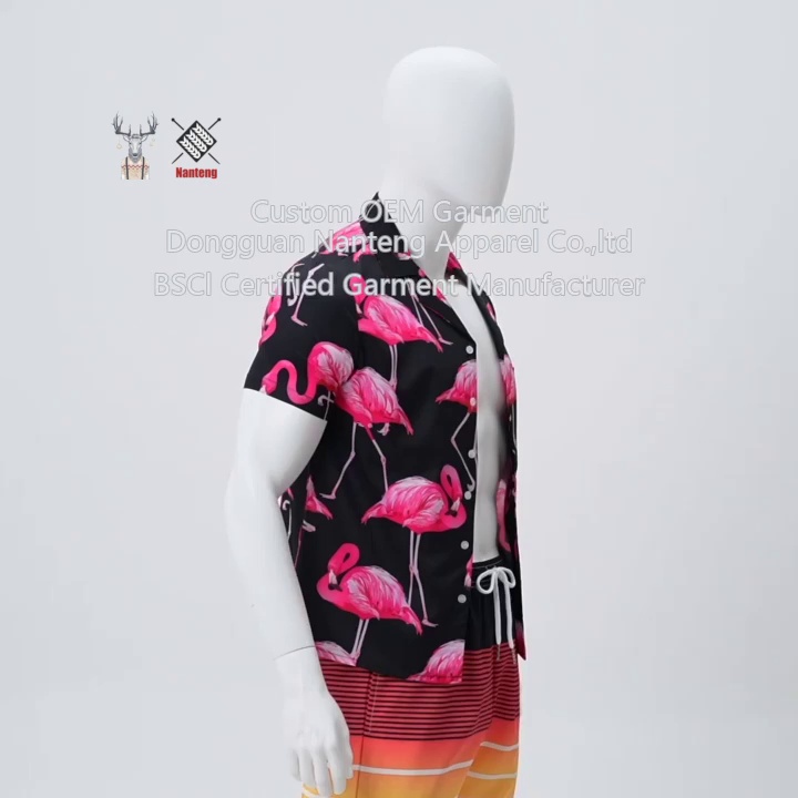 Custom Button Shirts, Polyester Sublimation Button Shirts, Flamingo Printing Pattern Button Shirts, Short Sleeve Lapel Button Shirts