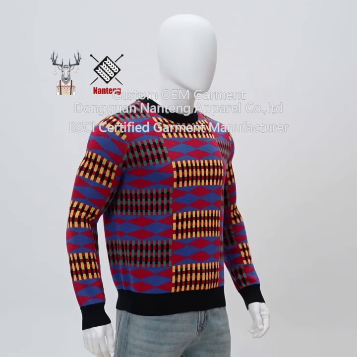 Crew Neck Strickwarenpullover, Patchwork Plaid Kabel Jacquard -Pullover, 100%Baumwollmänner Pullover, Pullover Pullover