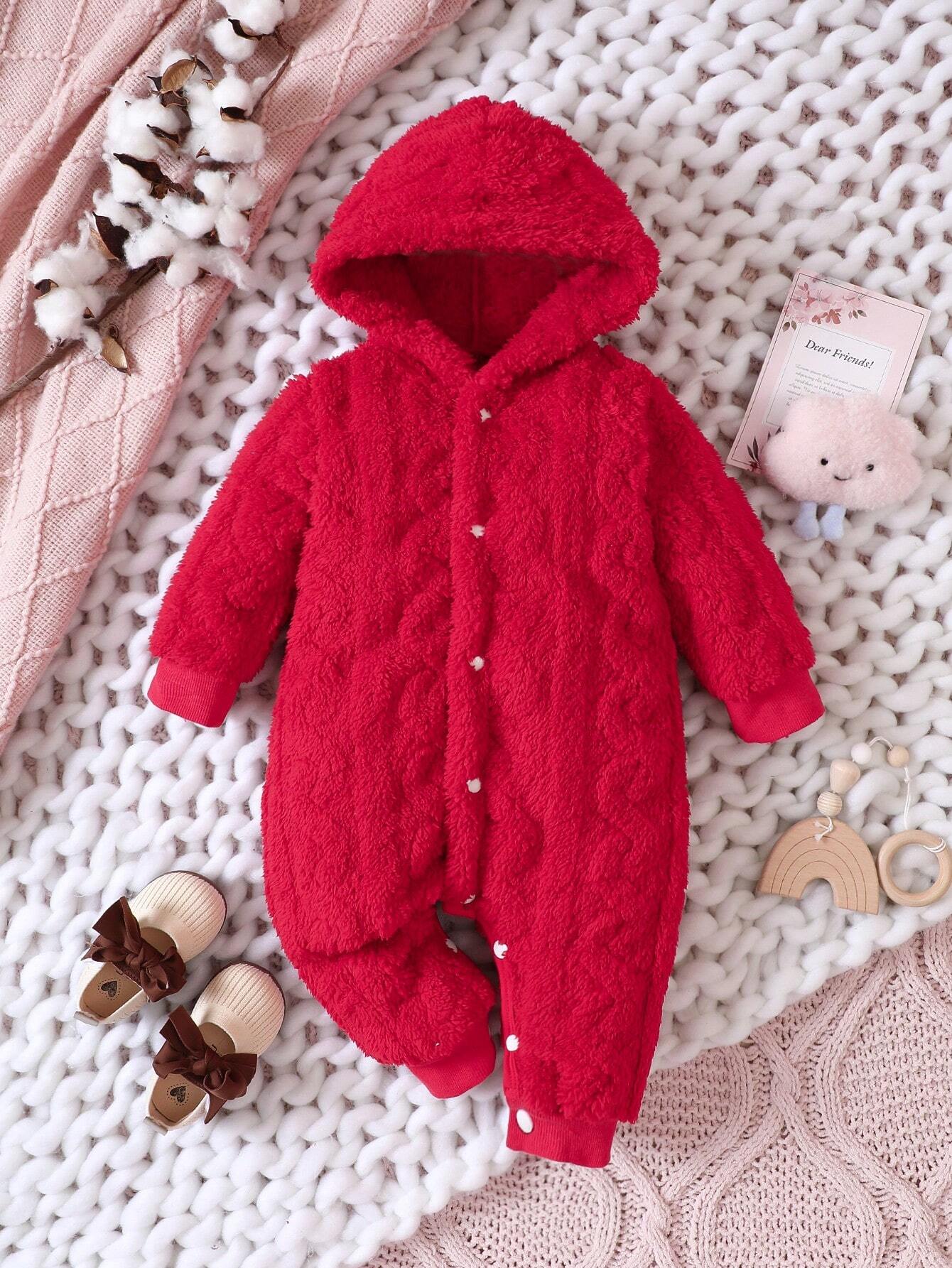 Baby Girl Solid Button Front Hooded Teddy Jumpsuit