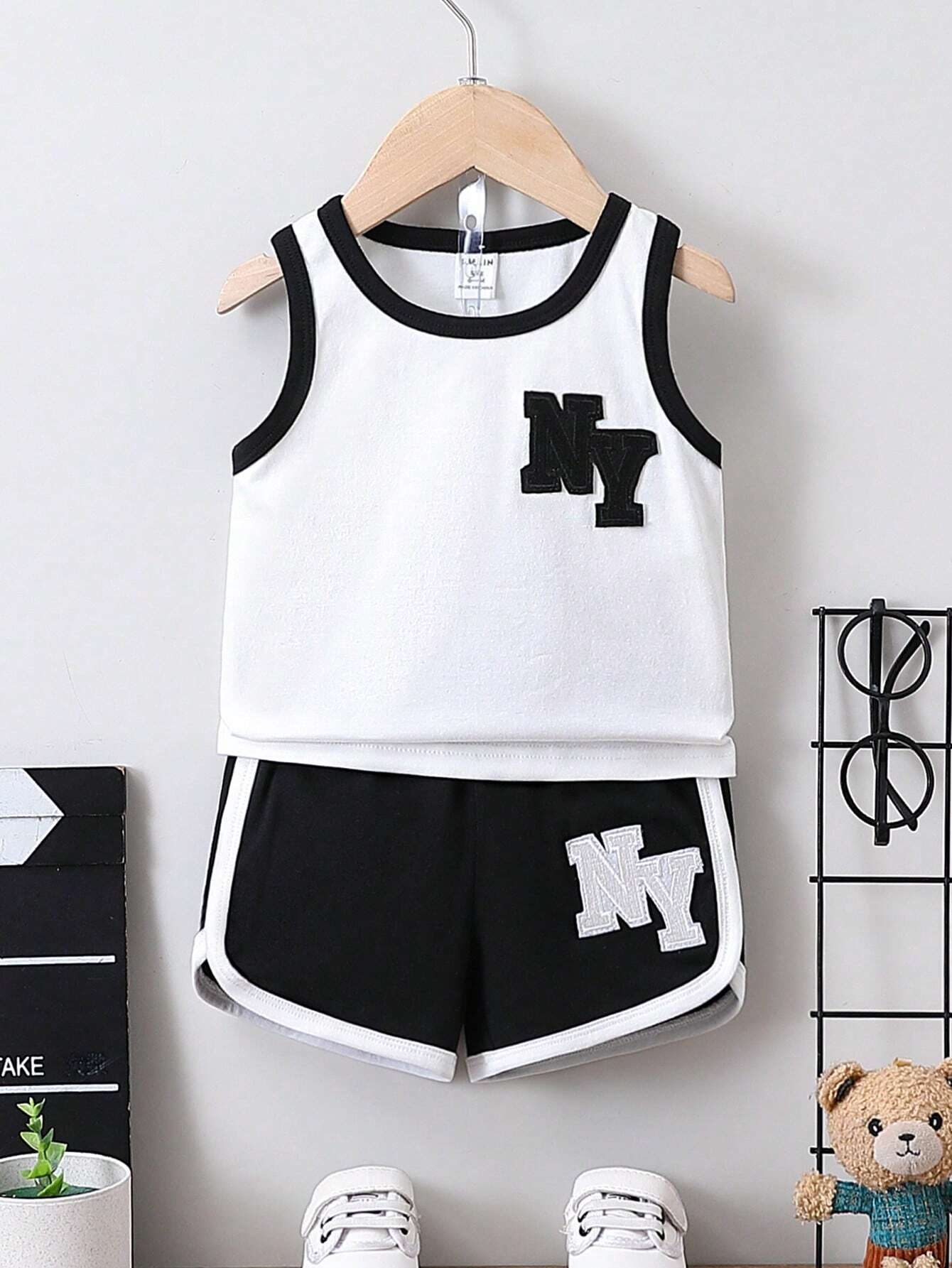 Boys' Sporty Black And White Colorblock Embroidered Vest Top And Shorts Set