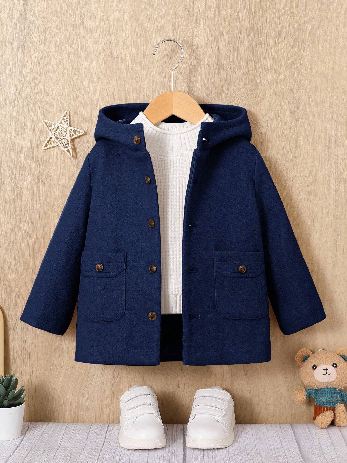 Baby Boy 1pc Flap Pocket Button Front Hooded Coat